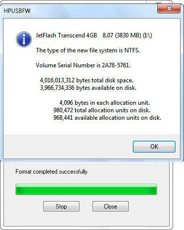 Уведомление об окончании форматирования в HP USB Disk Storage Format Tool